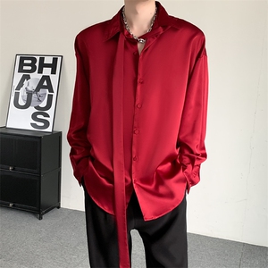 春秋装小众酒红男女缎面高级感休闲宽松醋酸宽松坠感禁欲长袖衬衫图片