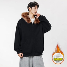 480G重磅加绒硬挺boxy秋冬美式高街超大毛领座山雕连帽卫衣厚外套，女装短外套，电商A486