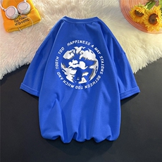 港风纯棉夏季休闲宽松新款短袖T恤平铺暖光情侣T6017P25控38，男装T恤，电商A268A