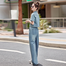 新中式牛仔休闲套装女2025夏季新款欧货时尚休闲阔腿裤两件套减龄，女装套装/套裙，瑶迪依秀
