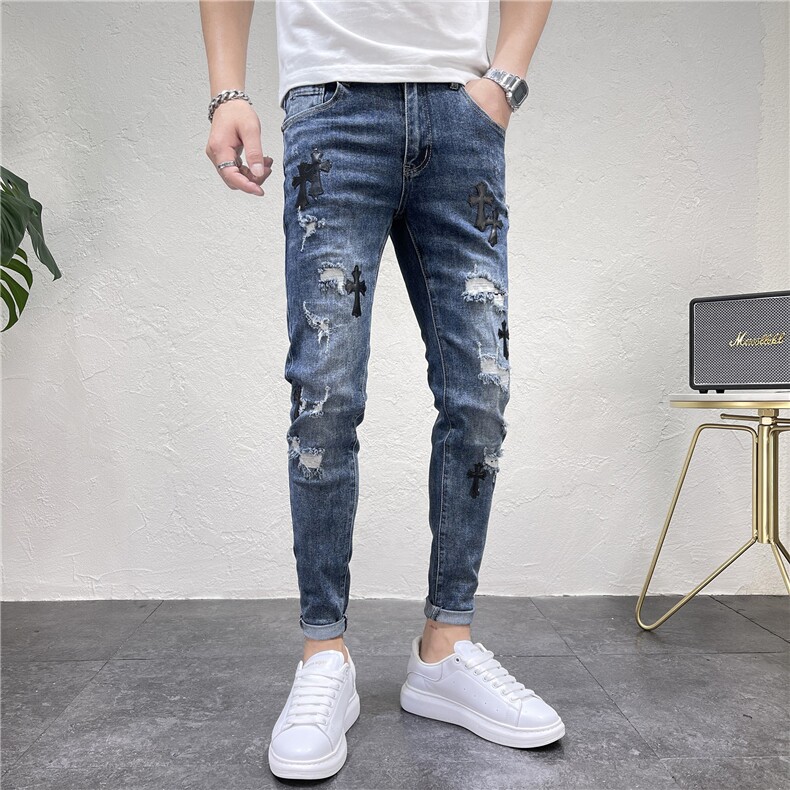 2024春秋季皮标刺绣破洞男士牛仔裤修身潮流小脚裤D311W6337P95，男装牛仔裤，电商D311