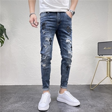2024春秋季皮标刺绣破洞男士牛仔裤修身潮流小脚裤D311W6337P95，男装牛仔裤，电商D311