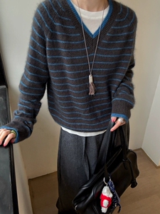 2025年秋季时尚百搭通勤简约休闲V领条纹套衫，女装针织衫/毛衣，琳尚羊绒