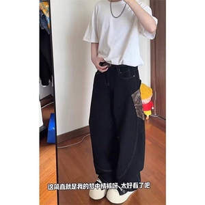 潮青少年常规蛇纹拼接弯刀牛仔裤男款美式高街中腰长裤春秋微弹图片
