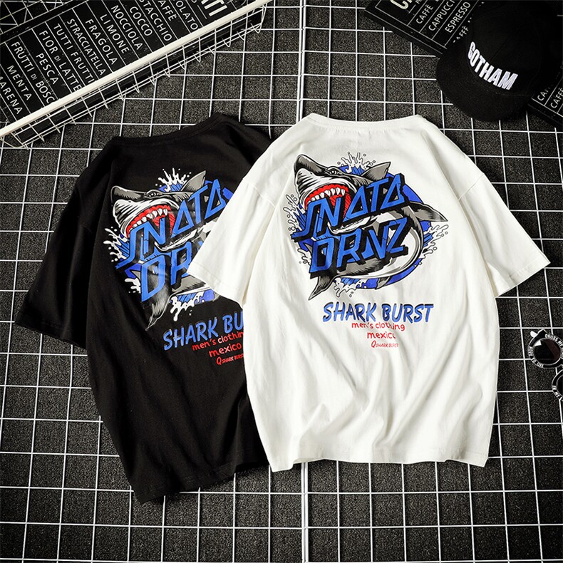 2021春夏新款日系网格潮流韩版宽松鲨鱼印花休闲男装T恤T88-P35，男装T恤，电商A009A（原A058A）