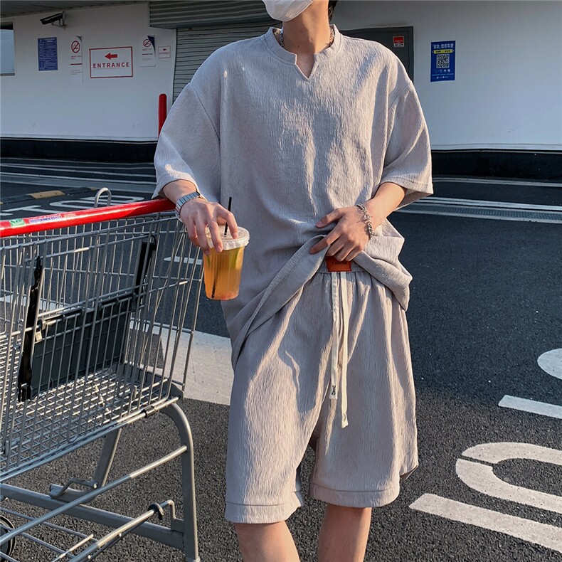2026夏V领短袖冰丝T恤套装大码男纹理提花半袖TZ5677/特P45灰2,男装T恤,电商A094