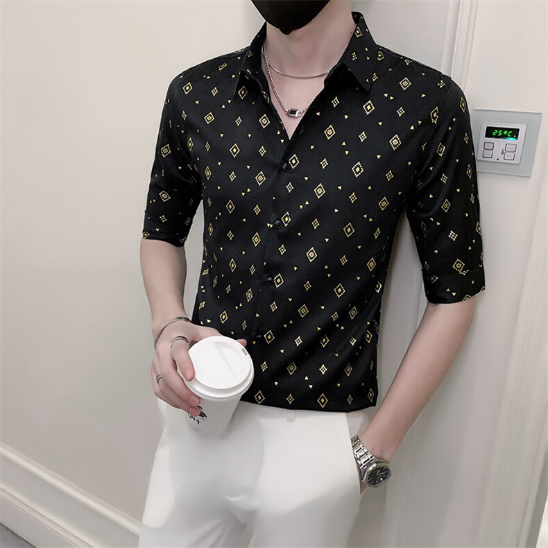 店主风社会小伙男士七分袖衬衫男修身印花衬衣301A-1/CS353/P55,男装衬衫,星座301A-1