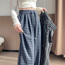 休闲直筒高腰复古格子裤女宽松抽绳阔腿慵懒风加长阔腿裤，女装休闲裤，云美莎专业女裤-全店现货