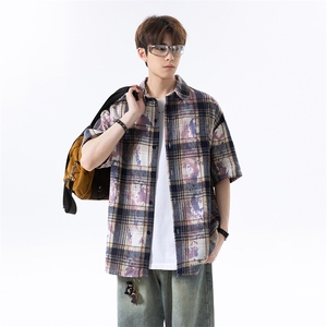 美式扎染格子衬衫短袖男女同款夏季衬衣半袖外套DC2240-特价P25图片