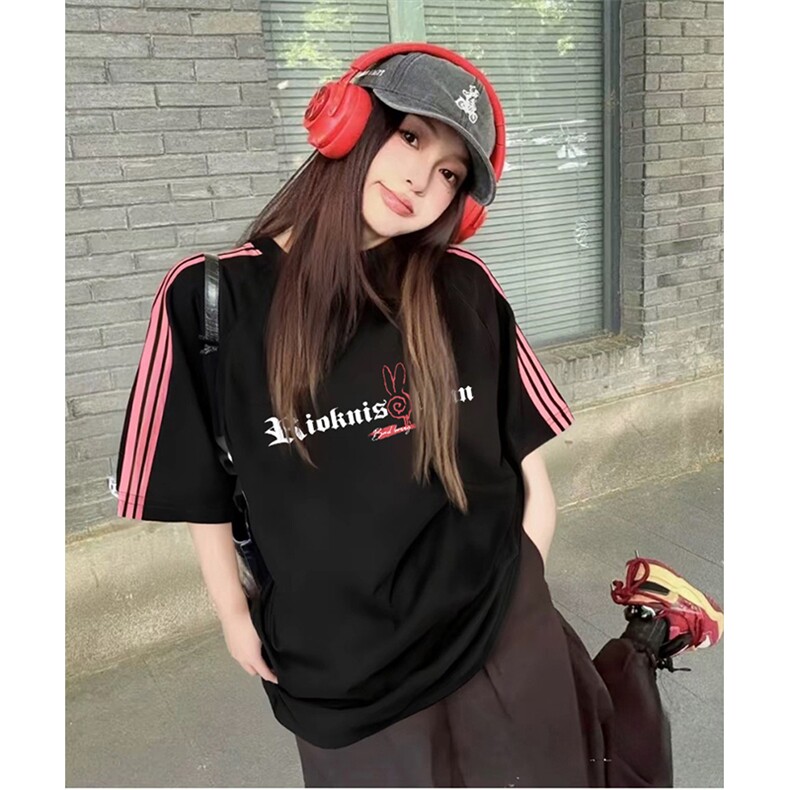 抖音得物品质二开240克宽松纯棉美式潮牌印花三条杠中性风短袖T恤,男装T恤,电商A486-1