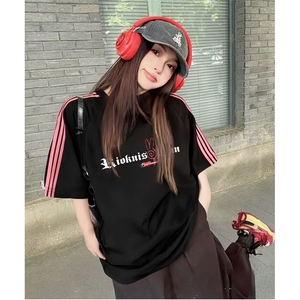 抖音得物品质二开240克宽松纯棉美式潮牌印花三条杠中性风短袖T恤图片