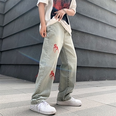 美式复古水洗牛仔裤ins刺绣宽松男夏季学生百搭拖地裤N02111-P40，男装牛仔裤，星座308B-1