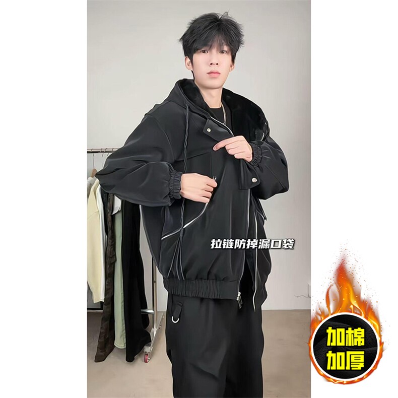 现货高品质美式高街重磅座山雕连帽pu皮棉衣男女加厚毛毛绒冬外套,男装皮衣,电商A443