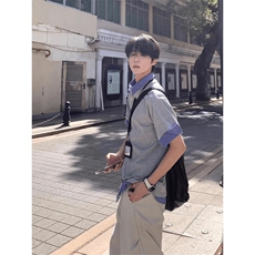 得物抖音高品质二开夏季美式潮牌高街假两件格子衬衣翻领短袖T恤，男装T恤，电商A486