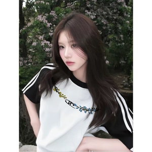 抖音得物品质二开240克宽松纯棉美式潮牌插肩三杠织带短袖T恤图片
