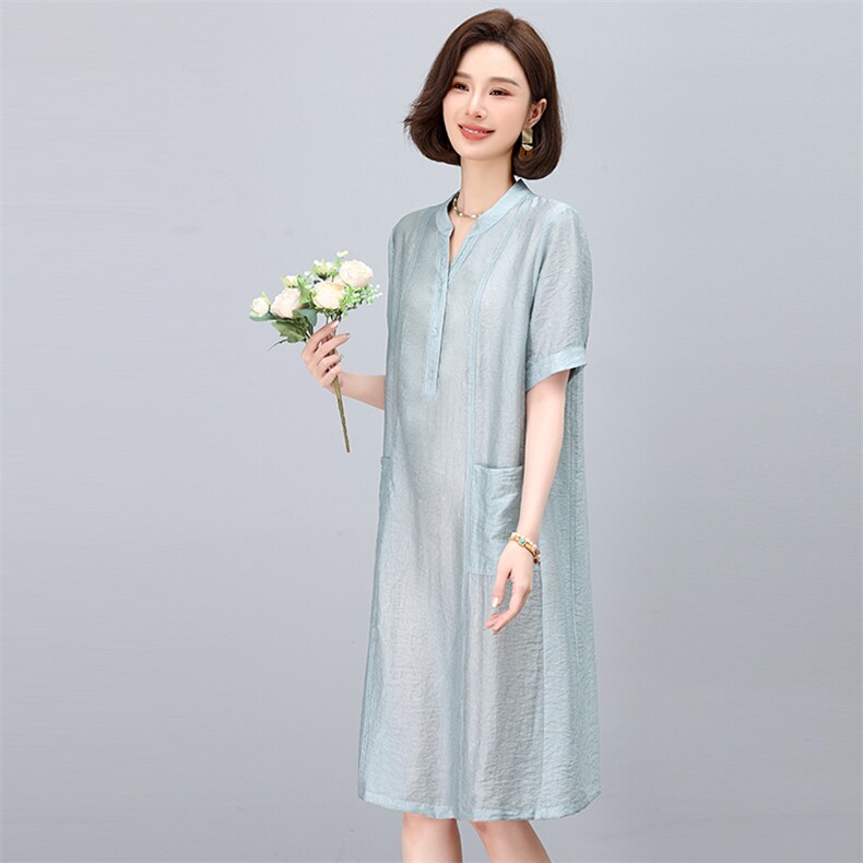 夏季薄款天丝连衣裙女2025年新款中年妈妈宽松遮肚子显瘦减龄裙子,女装连衣裙,悦见她