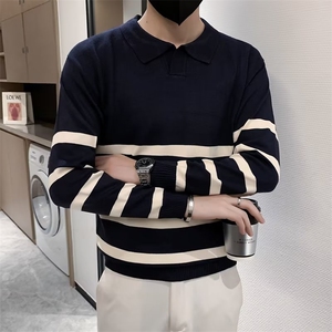 社会小伙秋冬翻领毛衣男韩版修身条纹撞色针织衫长袖POLO衫S528