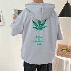 套头情侣短袖树叶印花连帽宽松男士半袖防嗮外套短袖T恤衫T55，男装T恤，电商A020