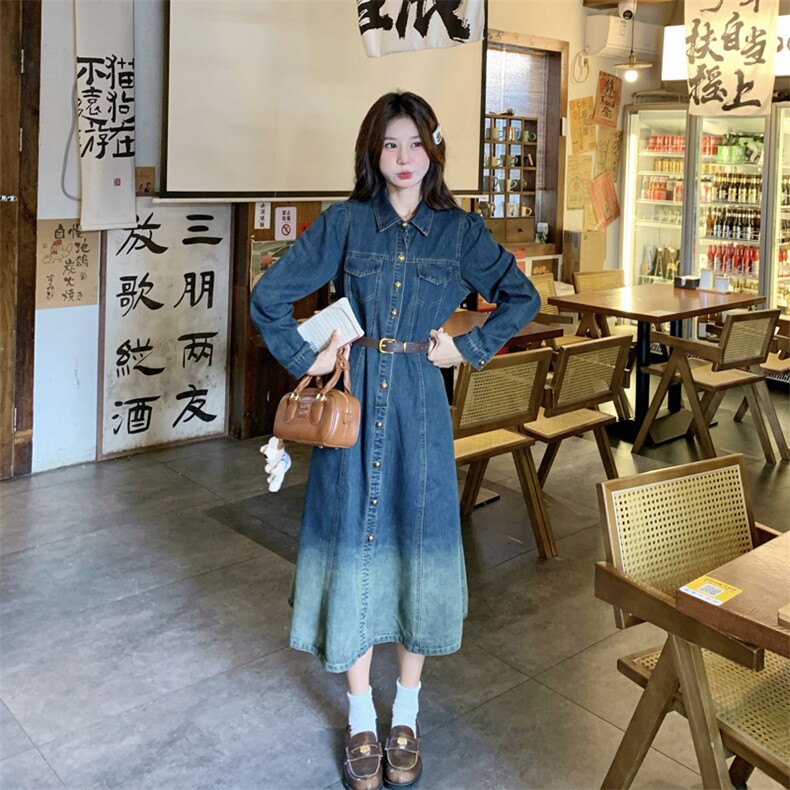 港风复古气质渐变牛仔连衣裙女2025春秋季新款法式收腰显瘦长裙子图片