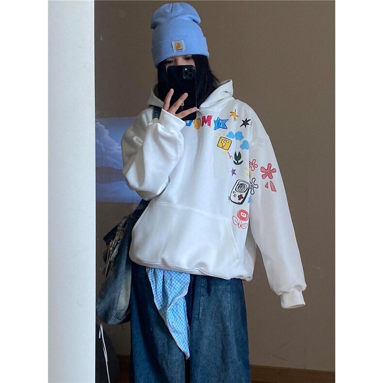 1015-P44美式复古涂鸦卡通字母印花男女情侣连帽,男装卫衣,电商B323A