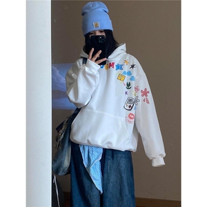 1015-P44 美式复古涂鸦卡通字母印花男女情侣连帽图片