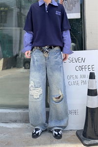 美式复古水洗破洞牛仔裤夏季男女高街直筒垂感宽松长裤YD9035-P75图片