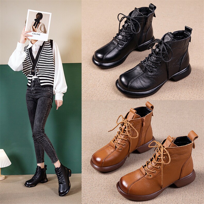 头层牛皮马丁靴女秋冬新款厚底短靴复古粗跟真皮英伦女靴，女鞋马丁靴，电商A223