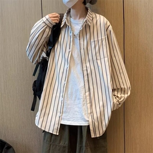 C14日系复古男女款长袖衬衫宽松百搭条纹衬衣男ins学院风上衣潮图片