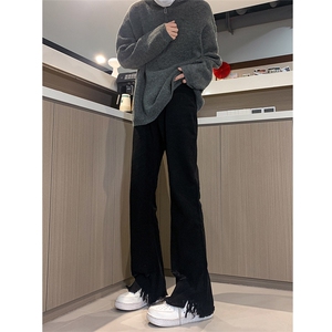 春夏 黄泥美式vibe裤高街黑色破洞微喇直筒毛边牛仔裤男 K890-P55图片