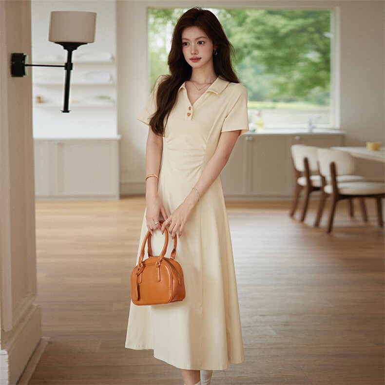 法式气质POLO领短袖连衣裙女夏季收腰黄色长裙时尚显瘦优雅中长裙，女装连衣裙，艾米