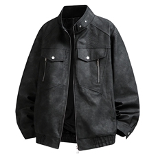 美式街头立领男秋重磅潮牌痞帅皮夹克复古皮衣外套P5055P95，男装皮衣，电商A157