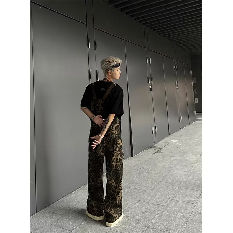 2024美式豹纹牛仔背带裤直筒长裤潮W065P73,男装休闲裤,星座1116-2