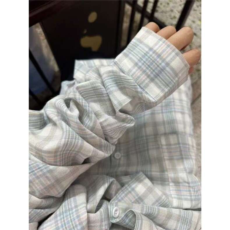 法式蓝色格子衬衫女夏季薄款2025新款防晒上衣宽松百搭学院风外套,男装防晒衣,星座1210-1