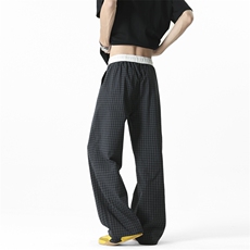 网红美式复古格子拼接假两件阔腿裤慵懒风休闲裤504-K241-P45控68，男装休闲裤，星座504