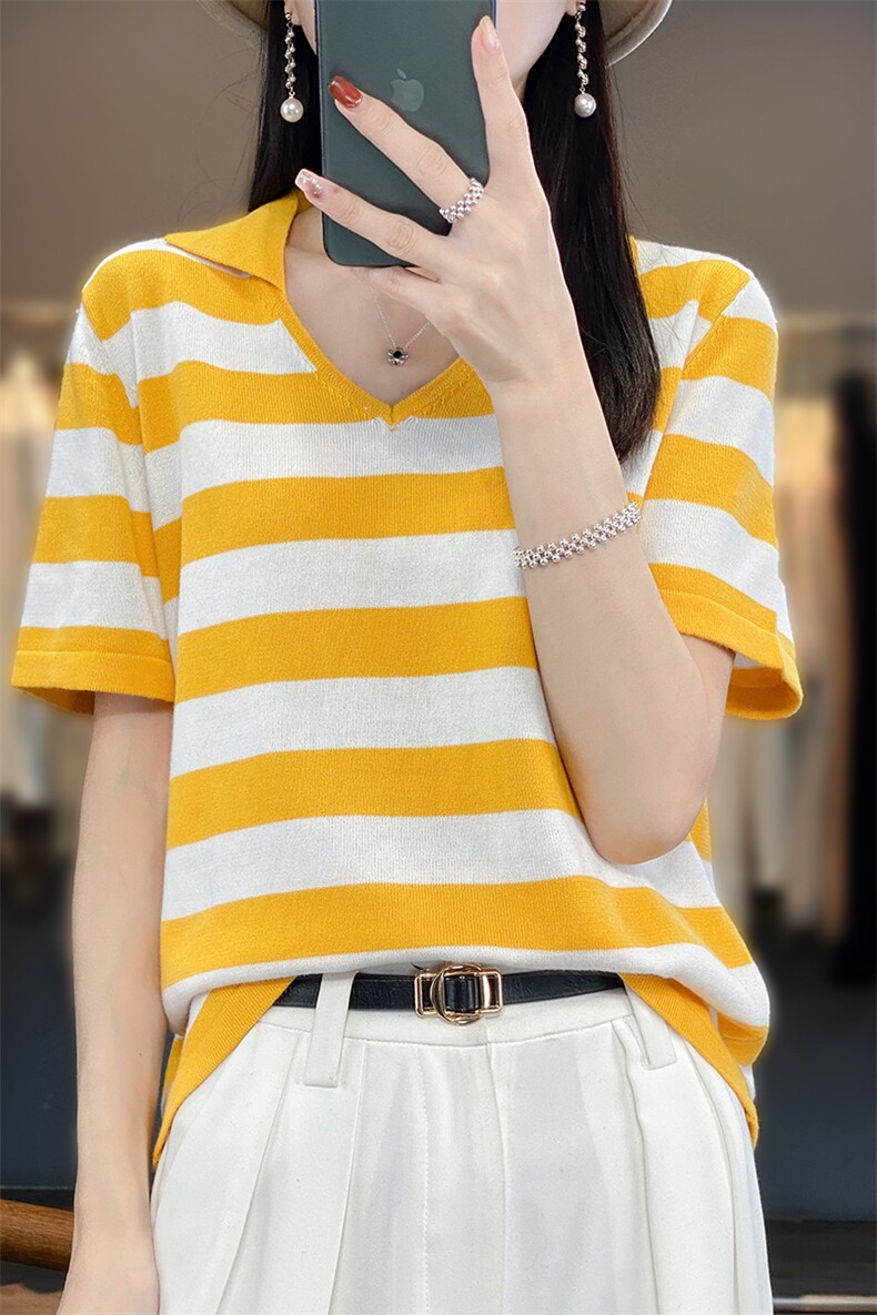 Polo领拼色针织短袖女24夏新款100%纯棉薄款宽松显瘦t恤半袖上衣,针织衫/毛衣,郡淞羊绒