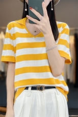 Polo领拼色针织短袖女24夏新款100%纯棉薄款宽松显瘦t恤半袖上衣，女装针织衫/毛衣，郡淞羊绒
