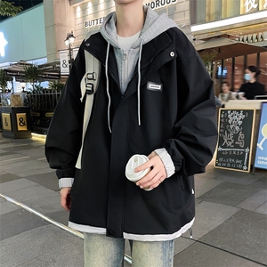 假两件外套男士秋季2023休闲宽松夹克潮牌上衣青少年春秋款冲锋衣图片