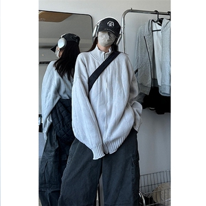 慵懒风男毛衣开衫加厚宽松中性风毛衣拉链外套W55-特P55图片