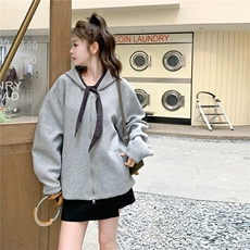 通勤拼接连帽宽松型拉链长袖卫衣春秋开衫韩版学生百搭加绒加厚，女装大码女装，浙宝208