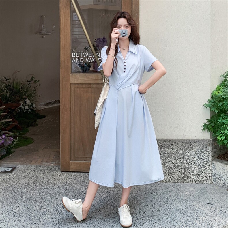 浅蓝色连衣裙女2025夏季新款韩系学院风通勤减龄显瘦高腰衬衫长裙,女装连衣裙,2C273