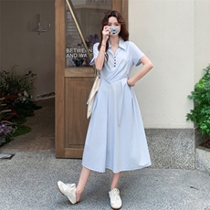浅蓝色连衣裙女2025夏季新款韩系学院风通勤减龄显瘦高腰衬衫长裙，女装连衣裙，2C273