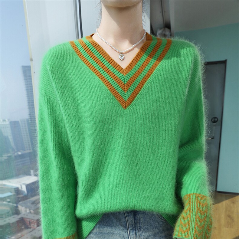 秋冬季新款舒适时尚百搭心型V领貂绒衫，女装针织衫/毛衣，冬贝尔貂绒