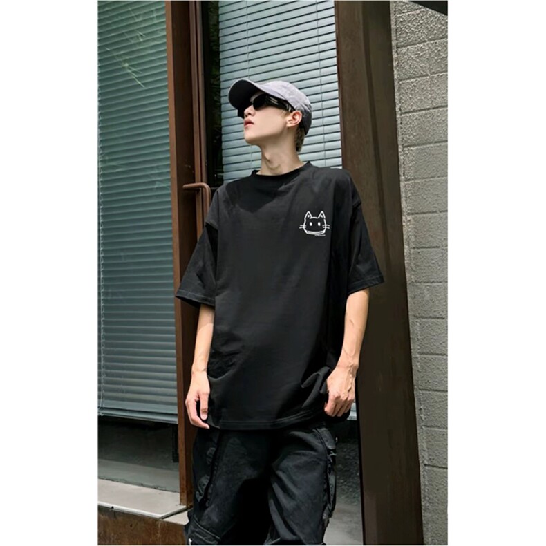 抖音得物供货210克宽松纯棉美式潮牌印花宽松落肩袖纯棉T恤AT2107,男装T恤,电商A443