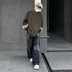 秋冬高领毛衣男套头开衩宽松拼色美式运动学生潮牌针织衫M7064图片