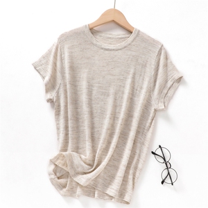 夏季天丝亚麻针织短袖T恤女圆领花纱薄款上衣宽松百搭半袖打底衫,女装T恤,东远绒业