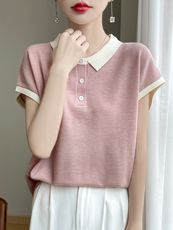 鄂尔多斯市翻领桑蚕丝短袖Tt恤女夏季新款时尚百搭纯色冰丝针织衫，女装T恤，源达羊绒