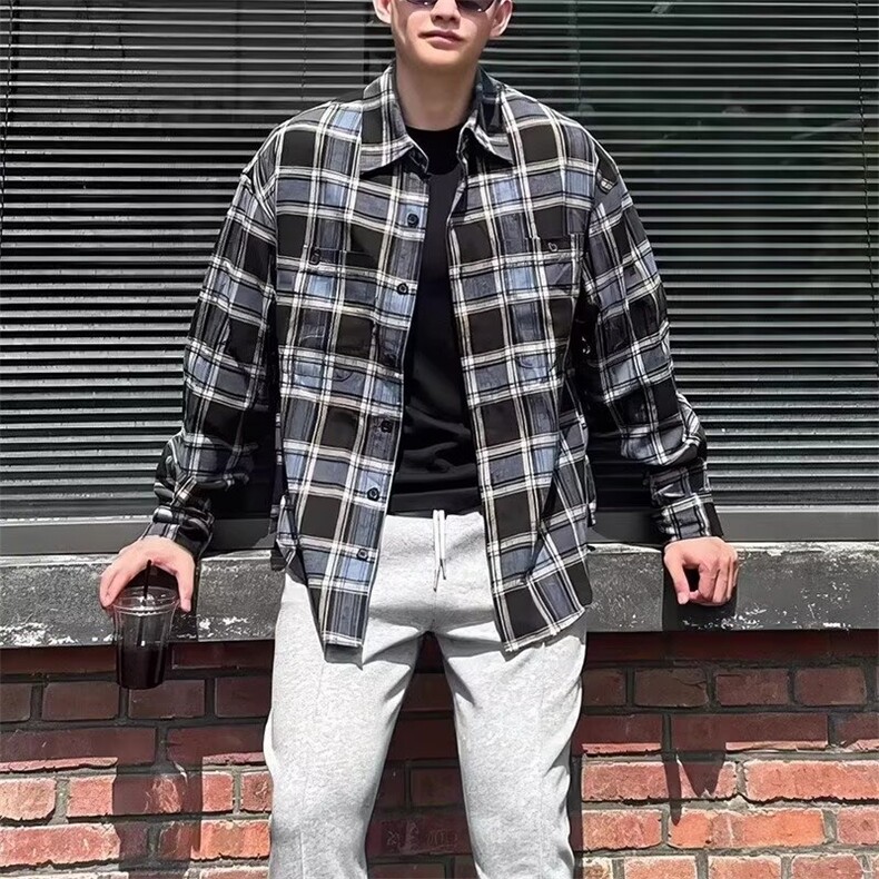 GS6132P34日系港风复古翻领长袖格子衬衫外套男宽松时尚百搭休闲,男装衬衫,星座1108-5