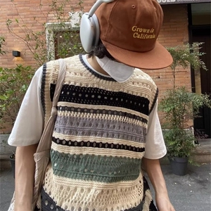 762-P33 美式复古撞色条纹背心男款夏季潮牌针织镂空衣服坎肩毛衣图片