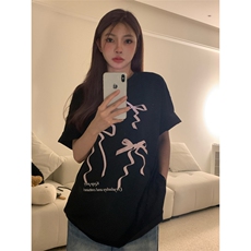 T590-P25黑粉蝴蝶结印花纯棉短袖甜美少女学生百搭T恤，男装T恤，星座617A-2