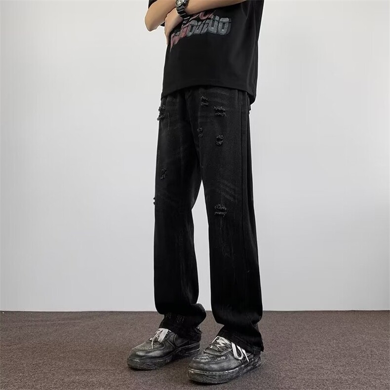 牛仔裤男款夏季潮牌痞帅破洞设计感小众微喇叭阔腿裤N6151,男装牛仔裤,星座1116A-1（原606A）